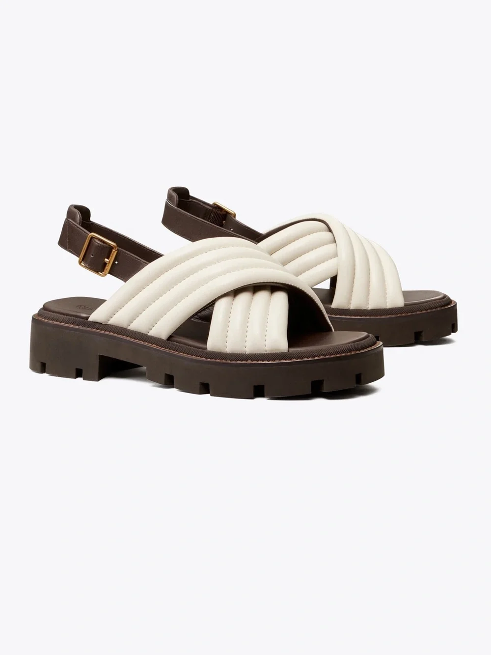 Tory Burch Cream Quilted Cross-Strap Sandals with Brown Lug Sole